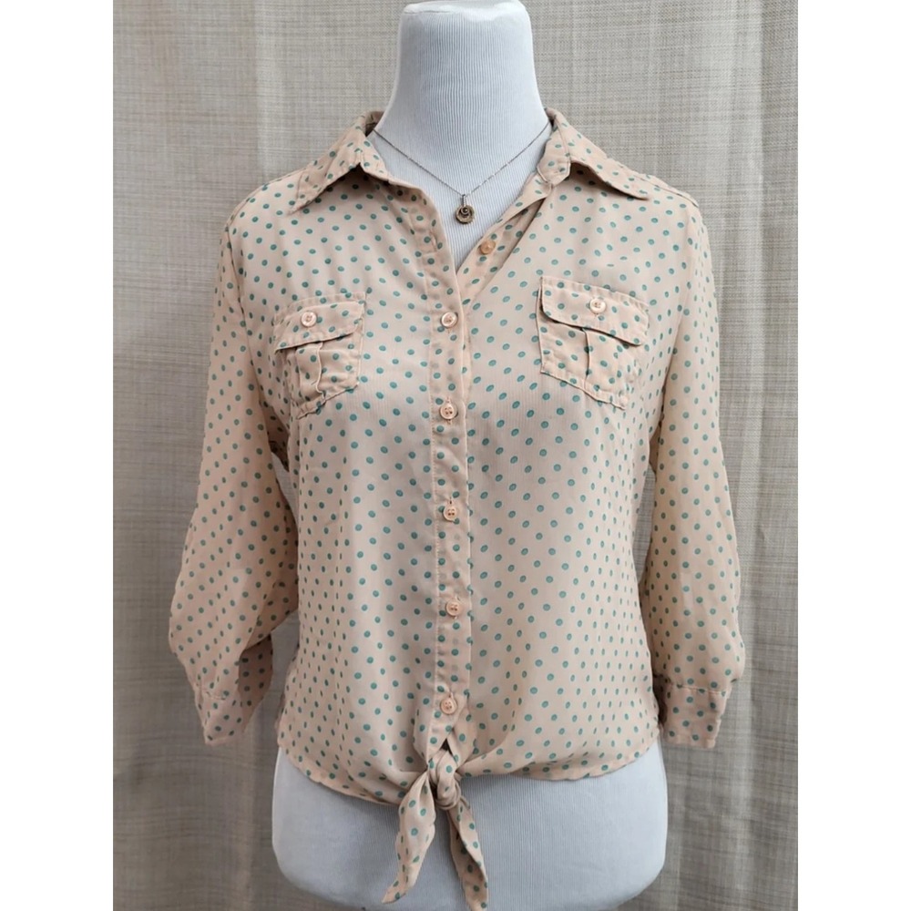 Pearl Orange Green Sheer 3/4 Sleeve Tie Front Button Up Blouse Size Large